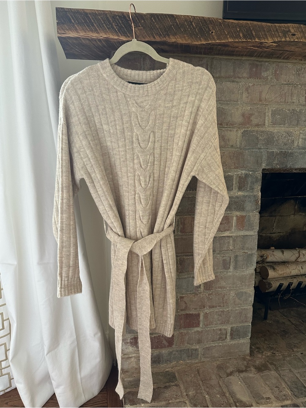 NWT Lulus Oatmeal Cable-Knit Tie-Waist Sweater Dress